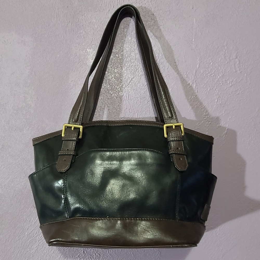 Tignanello Shoulder Bag Womens Medium Black Brown Leather Buckle Accent Tote